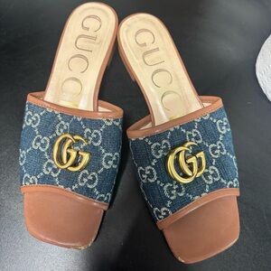 Gucci Women's Leather and Denim Mules with Gold Emblem